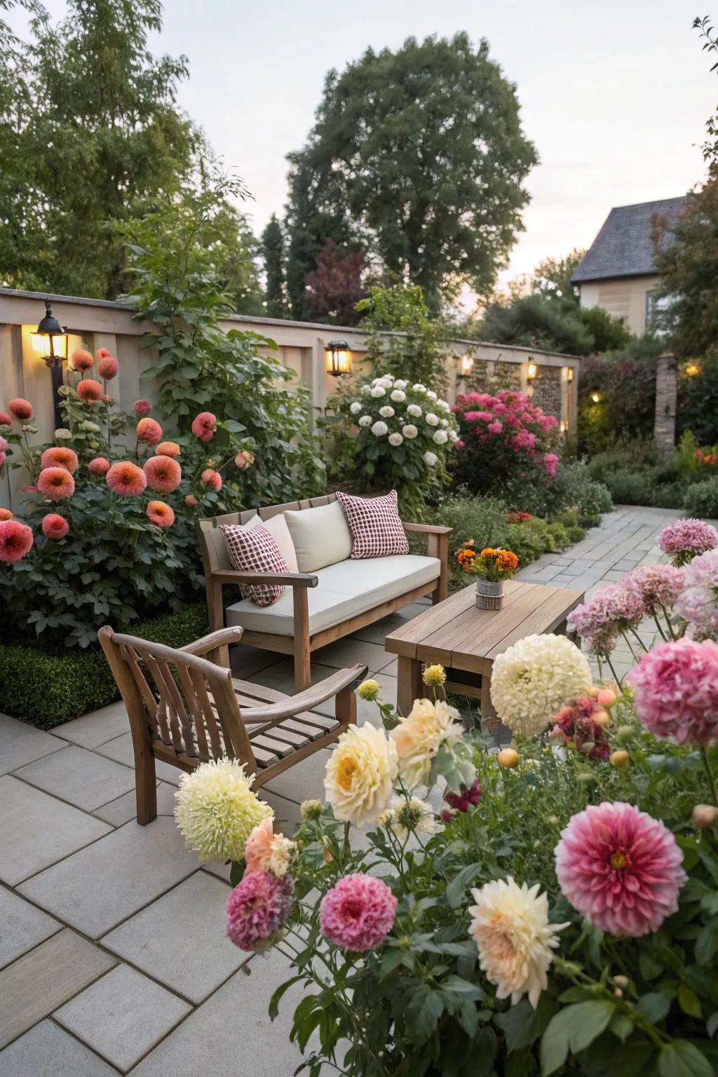 A serene courtyard refuge through sunburst blooms.