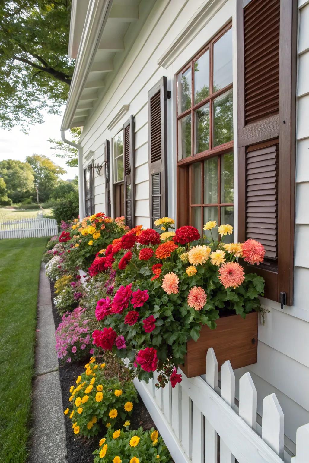 Window containers overflowing with bloom blossoms.