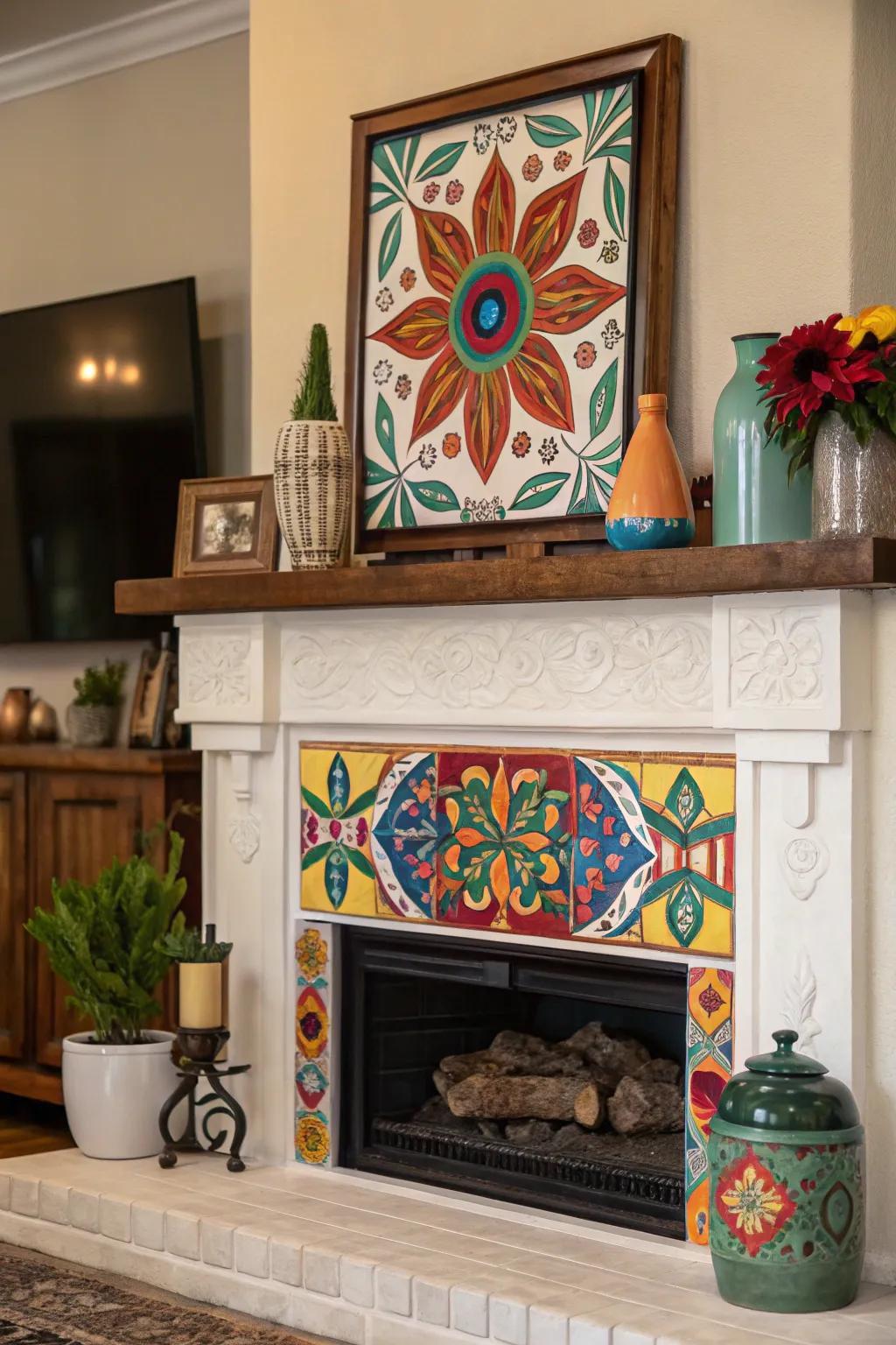 A vivid artwork infusing personality into the fireplace mantel