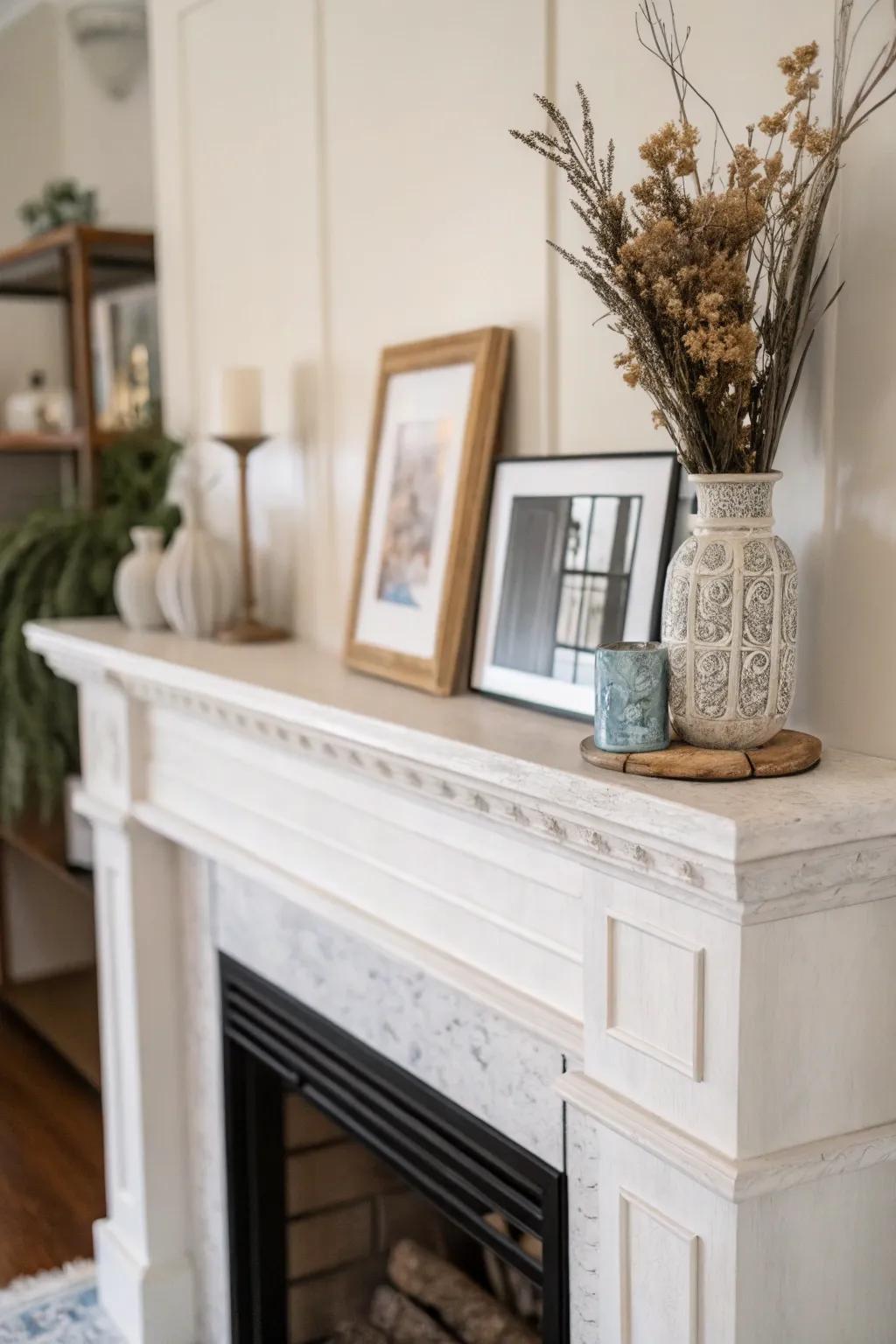 Minimalist styling creating a clean and serene mantel