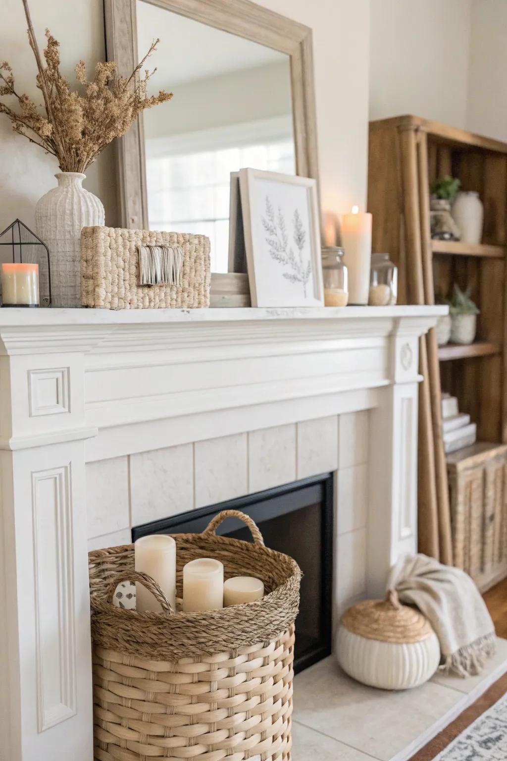 Neutral tones creating an elegant and serene mantel display