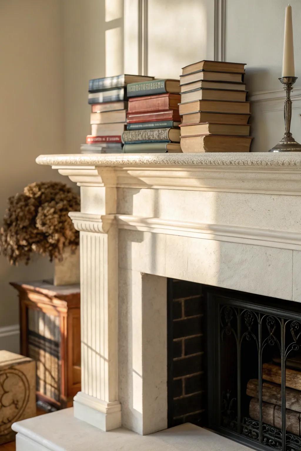 Books adding a touch of intellectual charm to the mantel