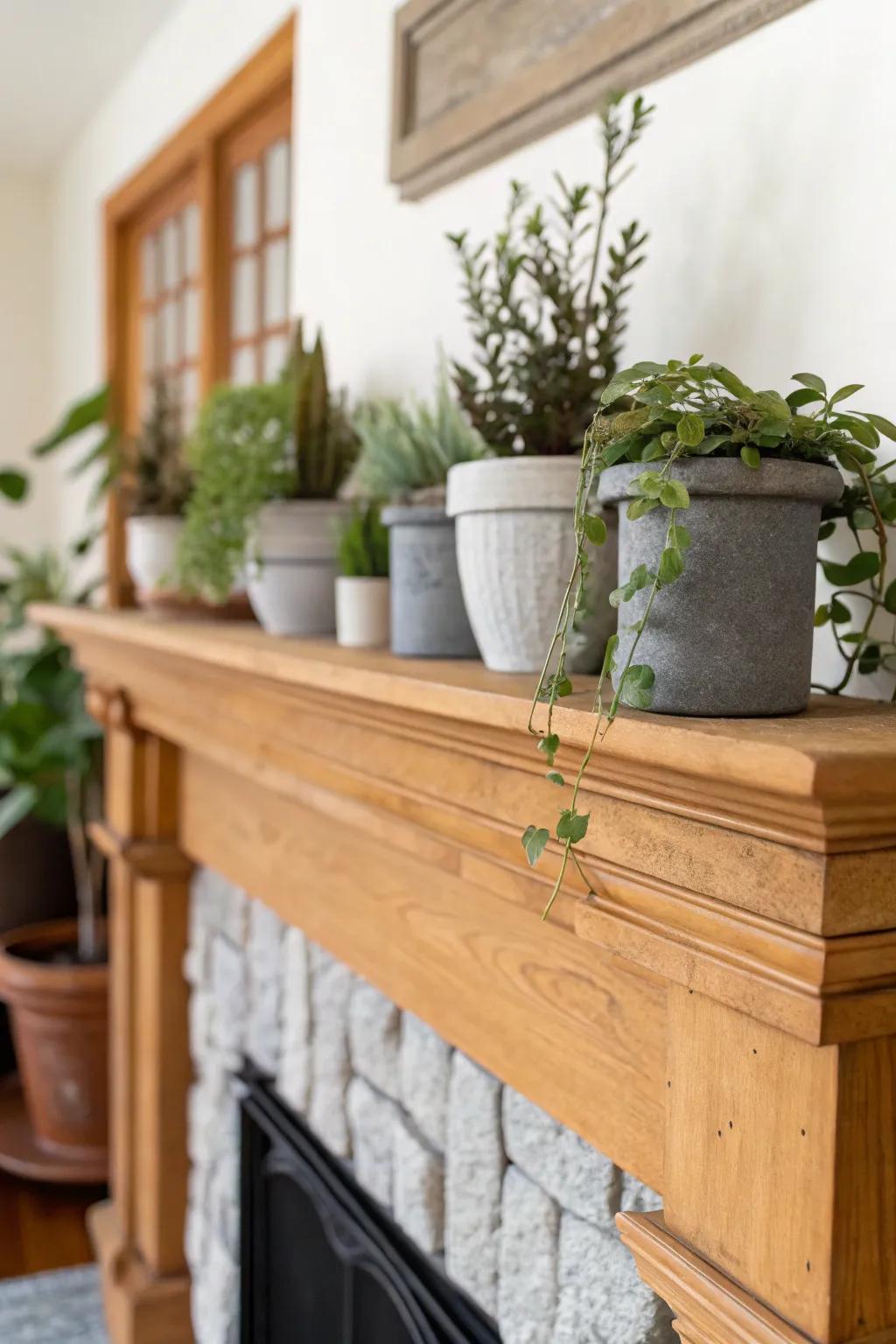 Potted plants adding a fresh botanical touch to the mantel