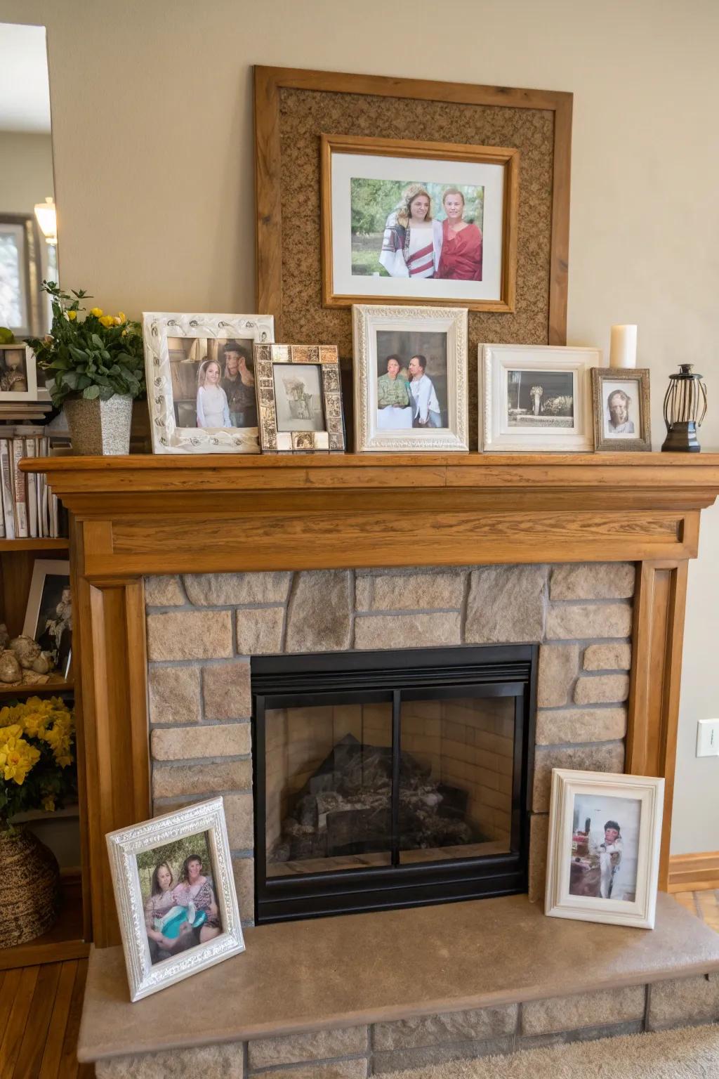 Personal photographs adding warmth and personality to the mantel