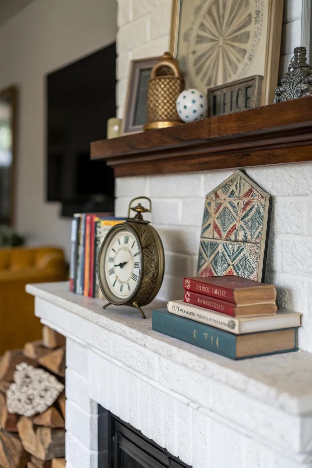 An eclectic mix of vintage and modern pieces on the mantel