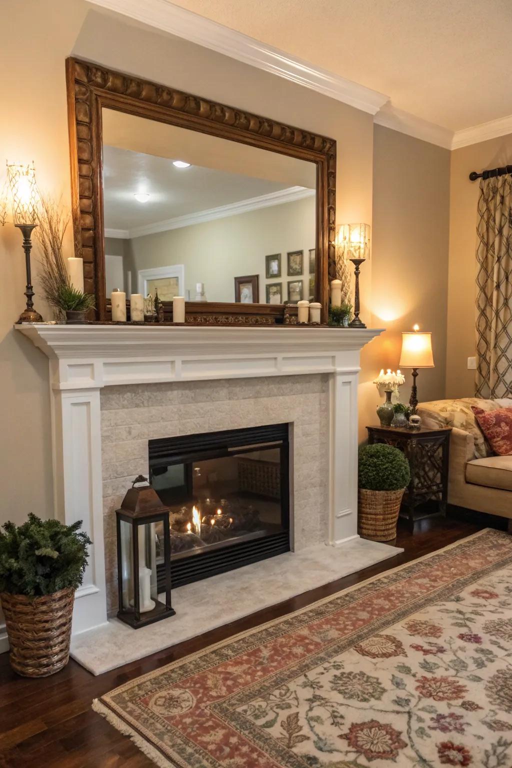 A fireplace mantel enhanced with a large mirror, boosting depth and light