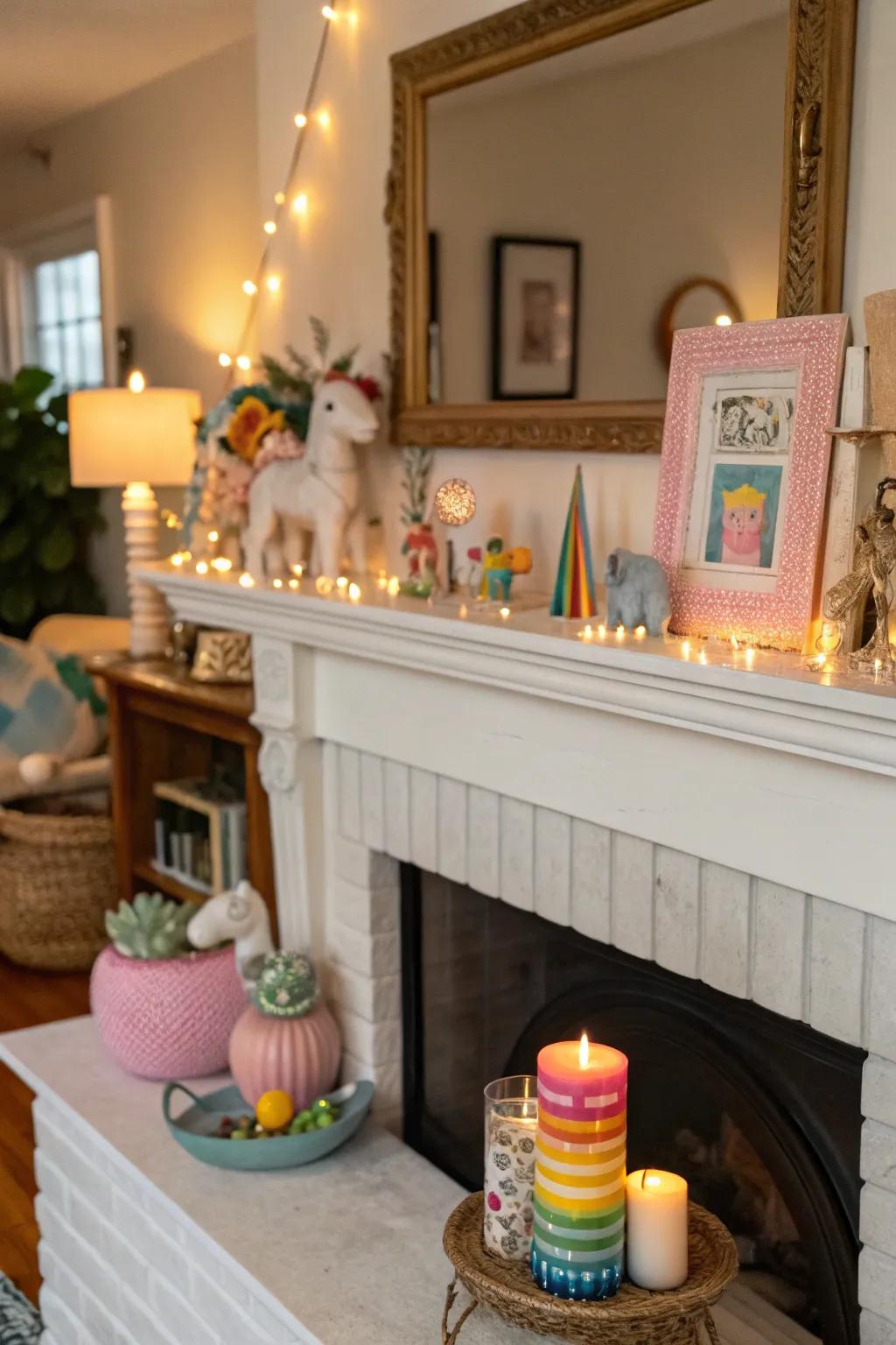 Whimsical curiosities adding a playful touch to the mantel