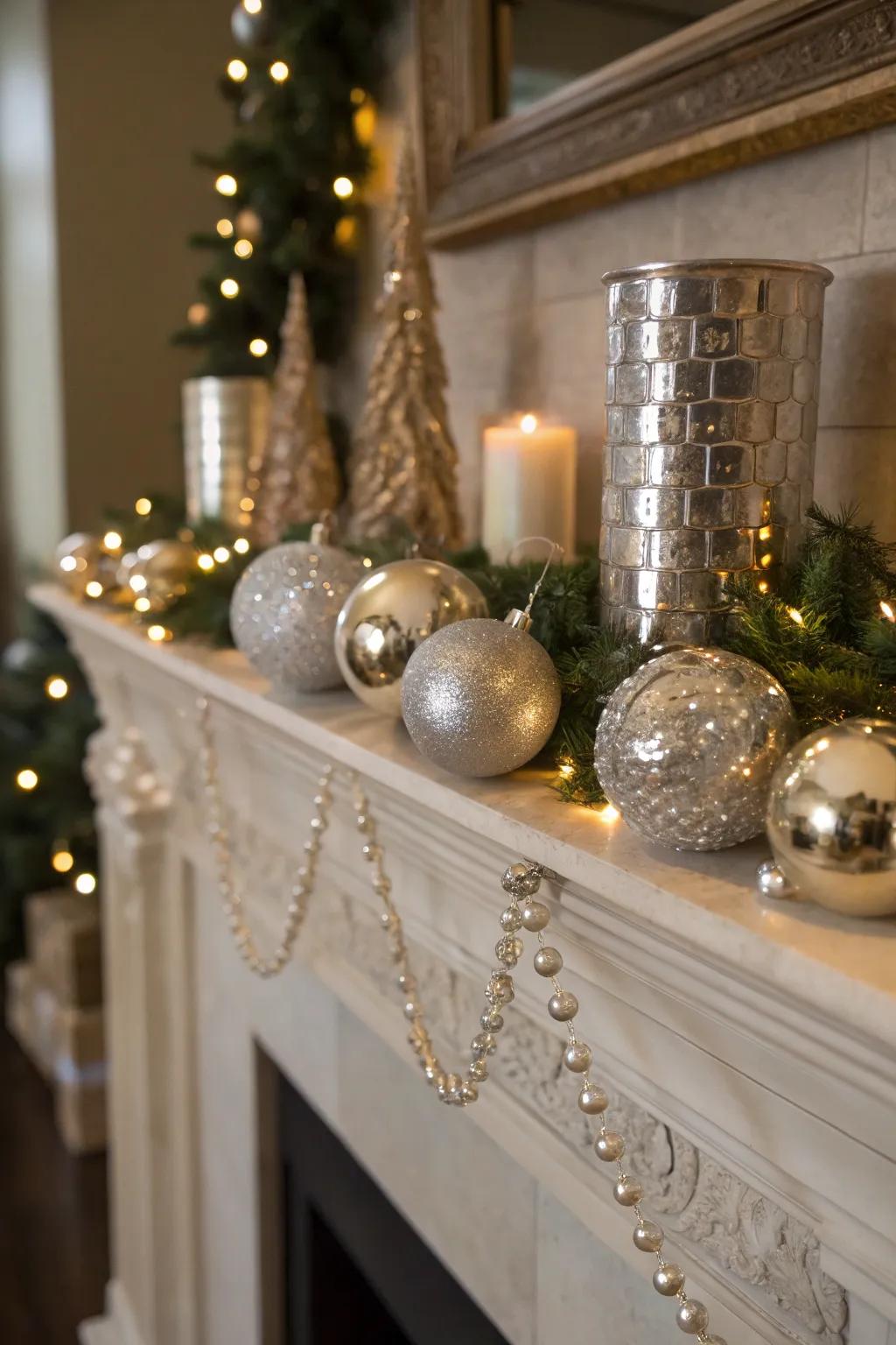 Metallic elements adding a glamorous touch to the mantel