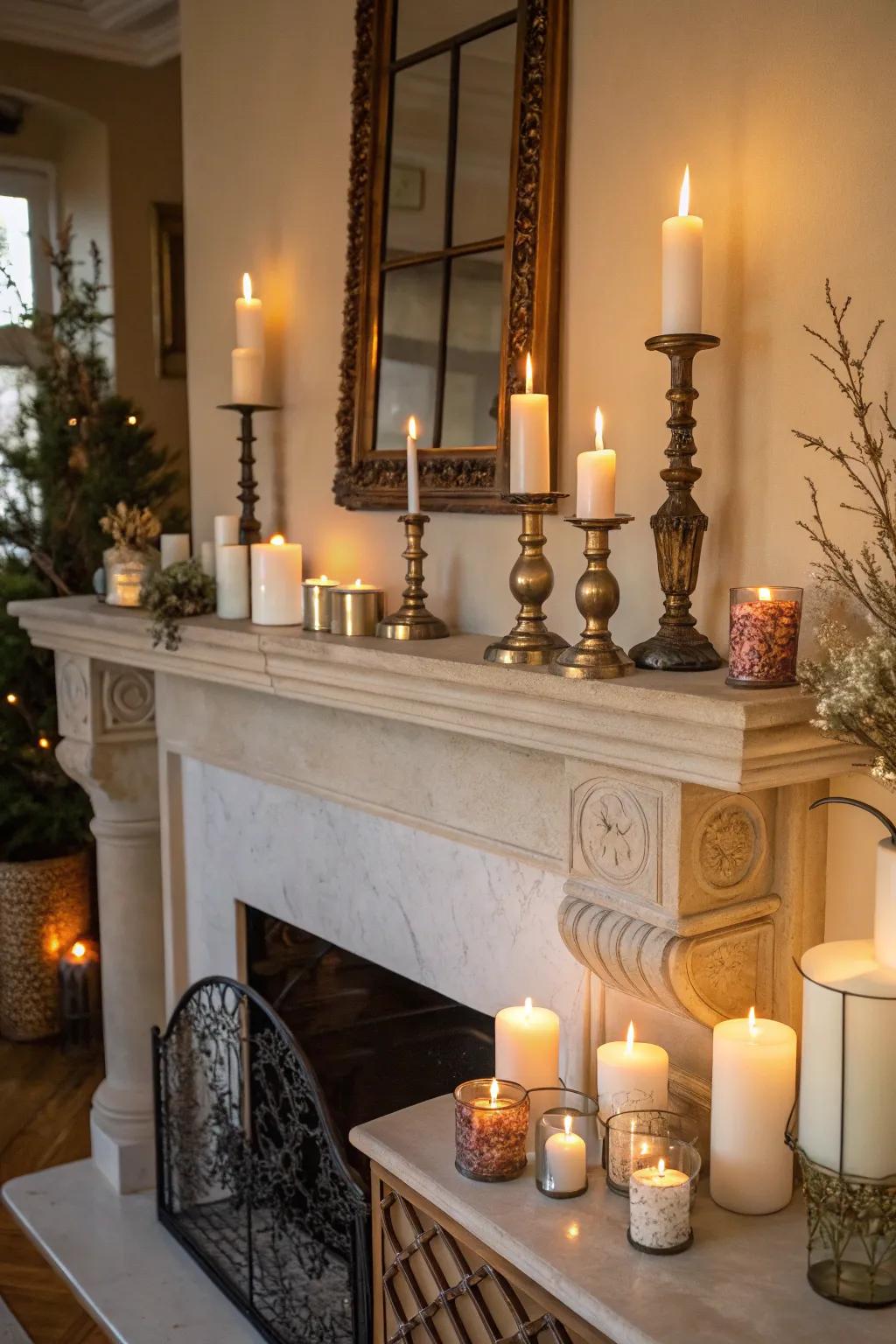 Candles of varying heights creating a warm ambiance on the mantel