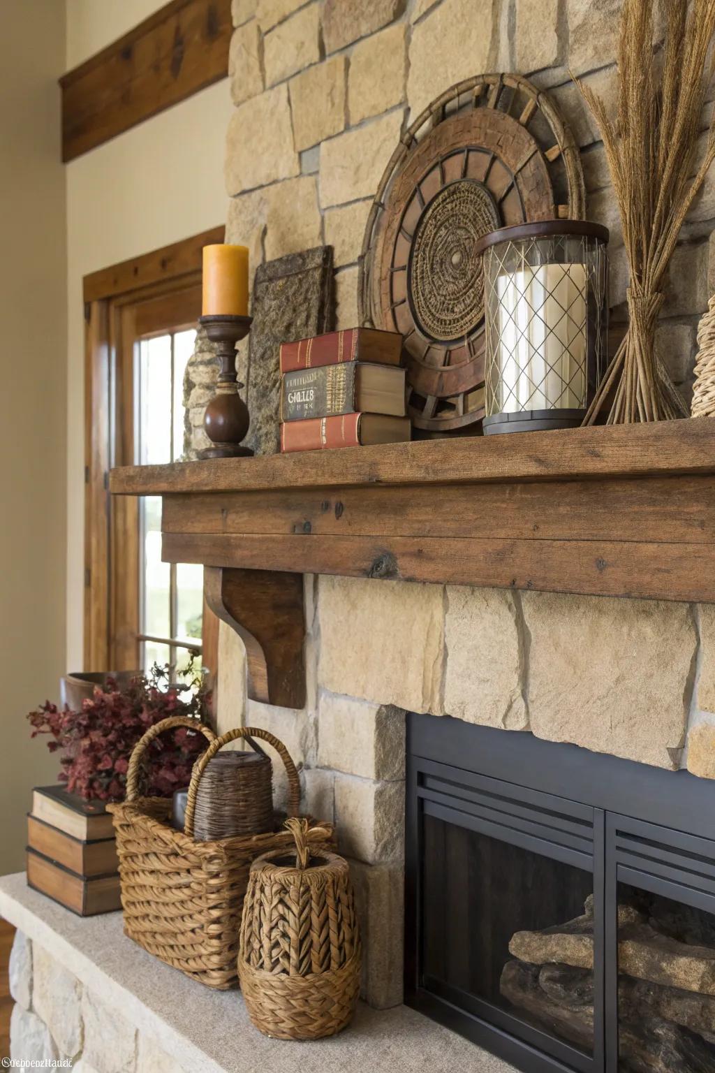 Rustic elements adding country charm to the mantel