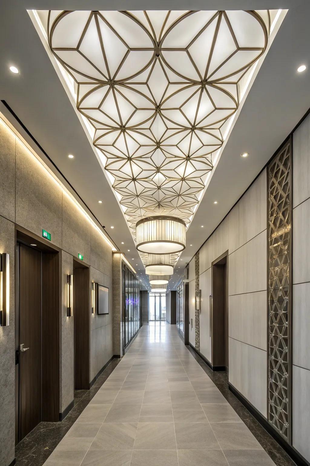 Geometric ceiling treatments introduce modern flair.