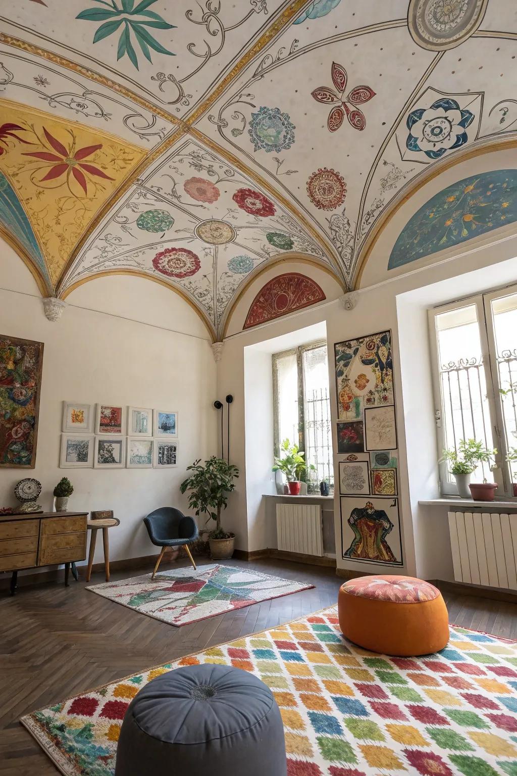Ceiling panels with murals transform your ceiling into a creative canvas.