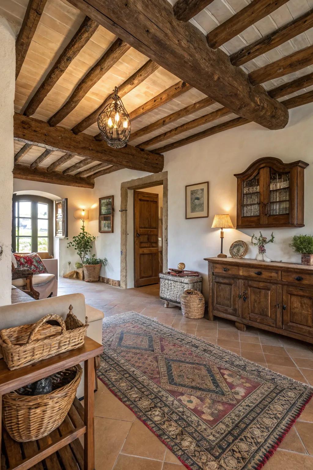 Ceiling support structures introduce an ageless farmhouse appeal.