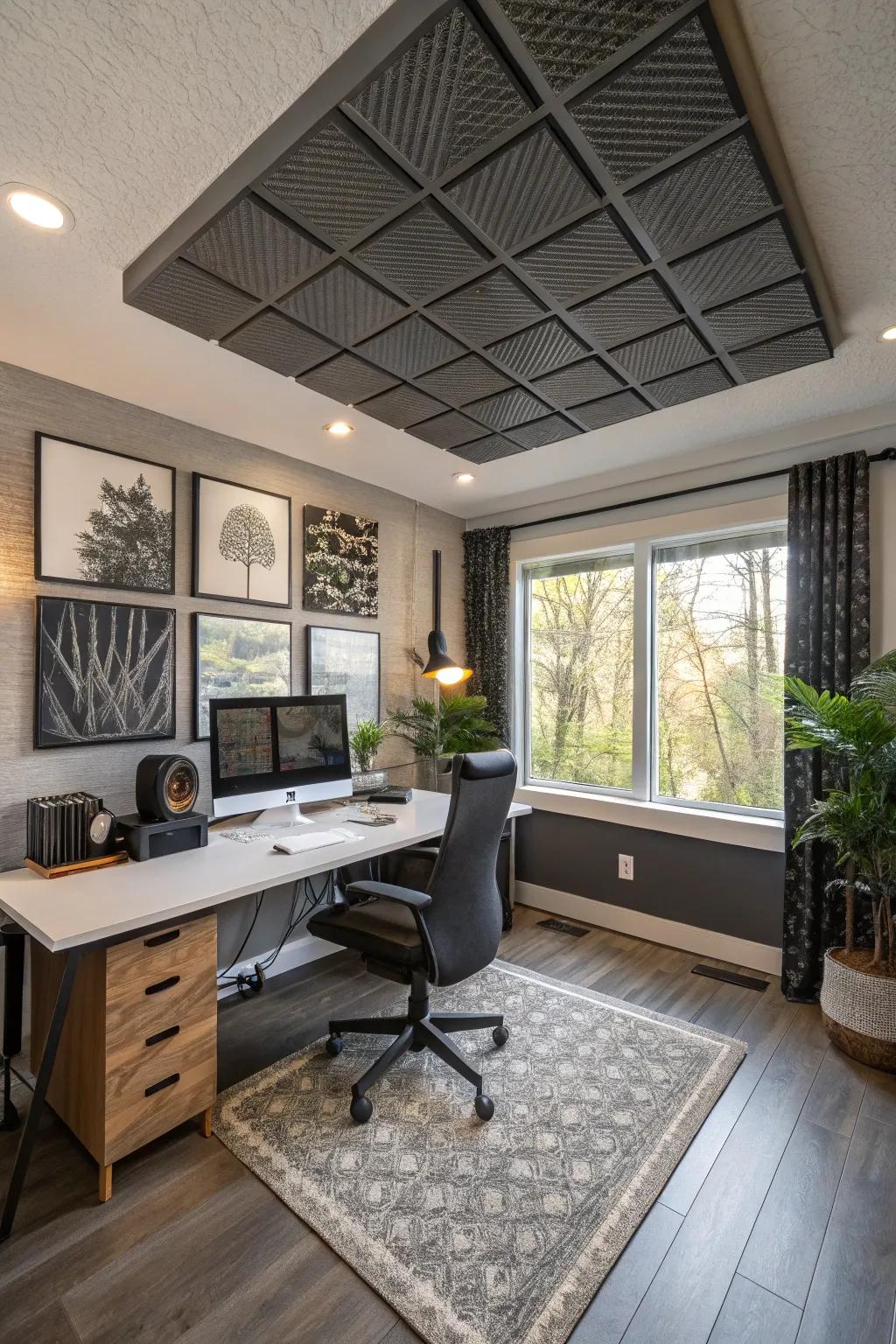 Soundproof ceiling panels for a tranquil home office.