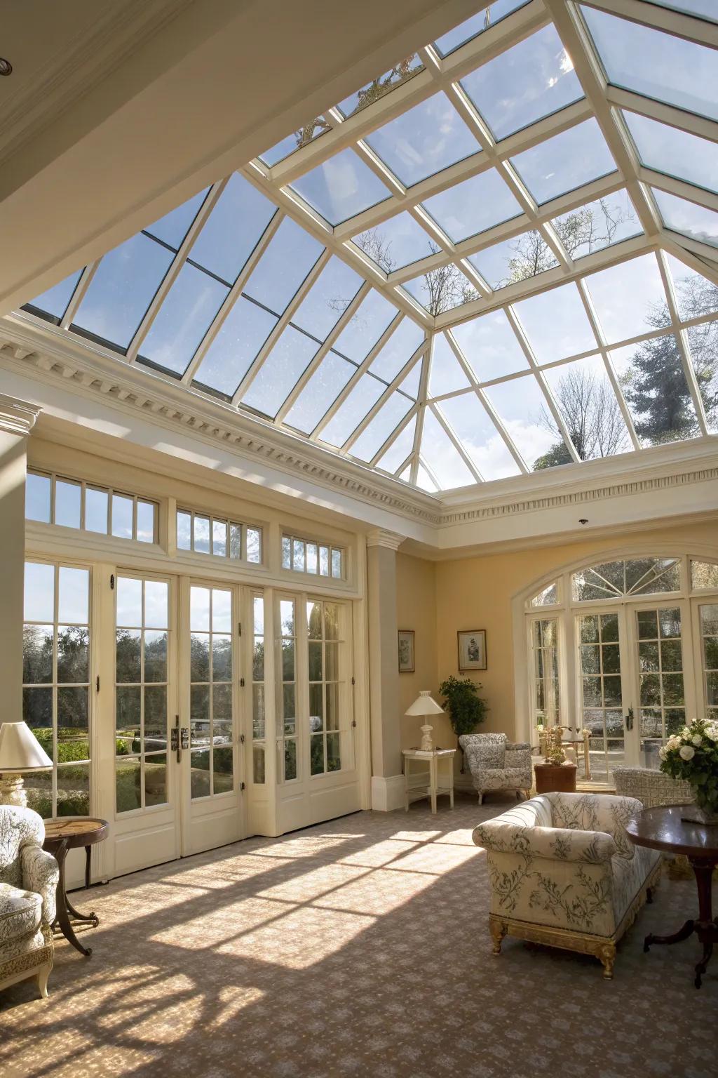 Glass ceiling treatments cultivate an airy and open ambiance.