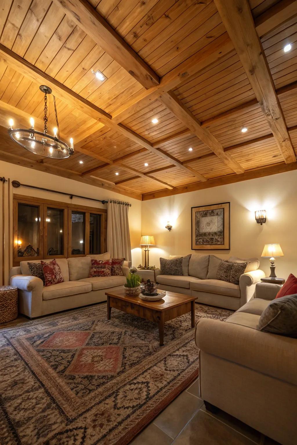 Wooden ceiling panels craft an inviting, cozy atmosphere.