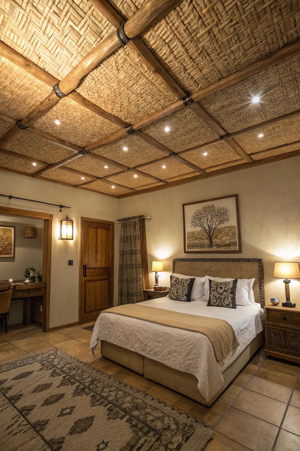 Natural materials in ceiling treatments create a rustic charm.