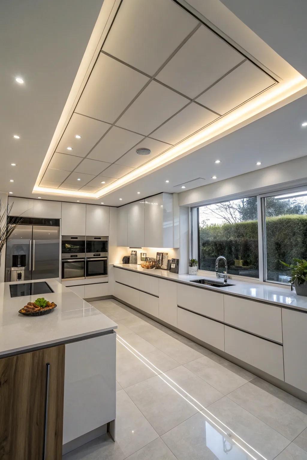 Sleek ceiling treatments with incorporated lighting create a modern kitchen setting.