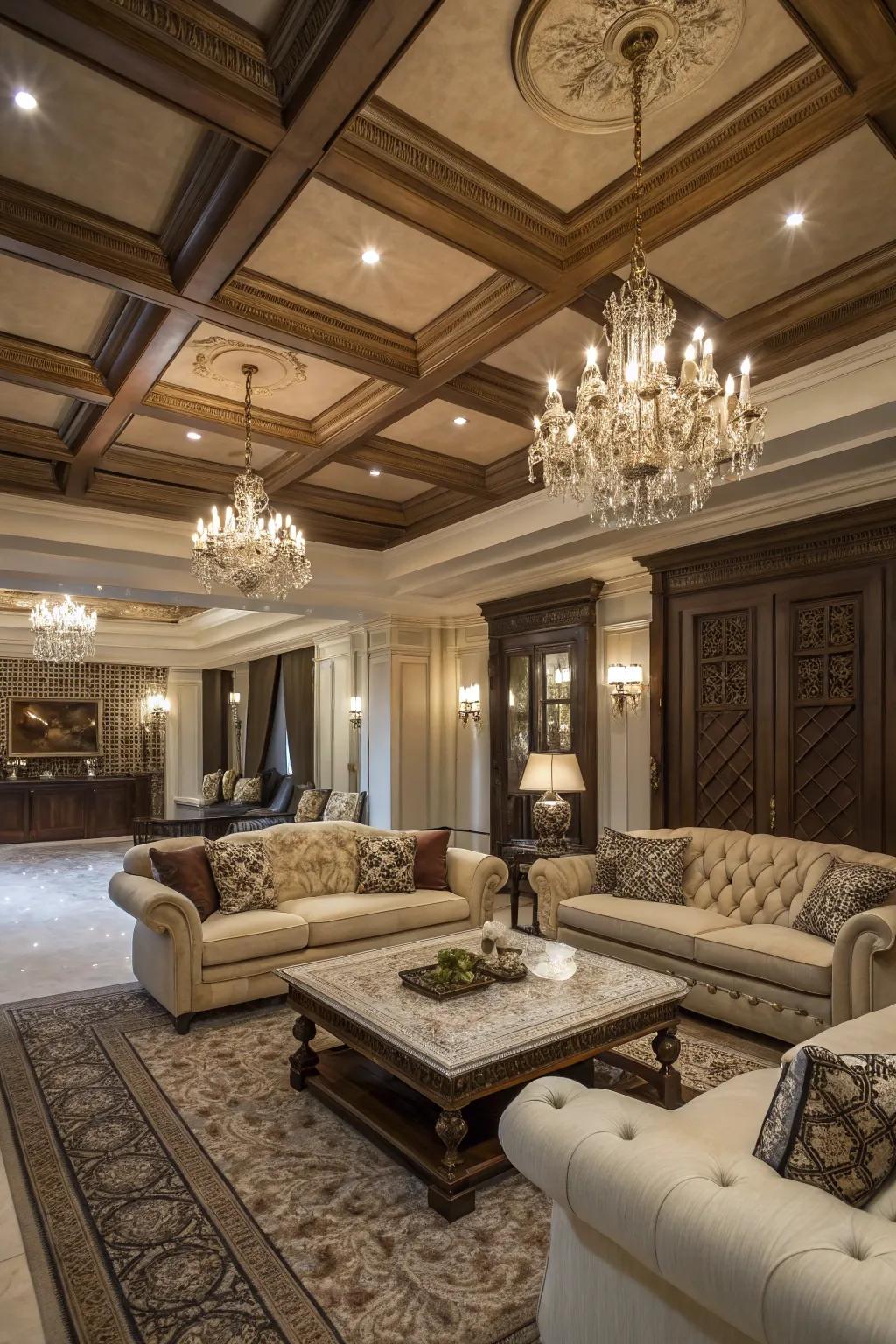 Panelled ceilings introduce depth and sophistication.