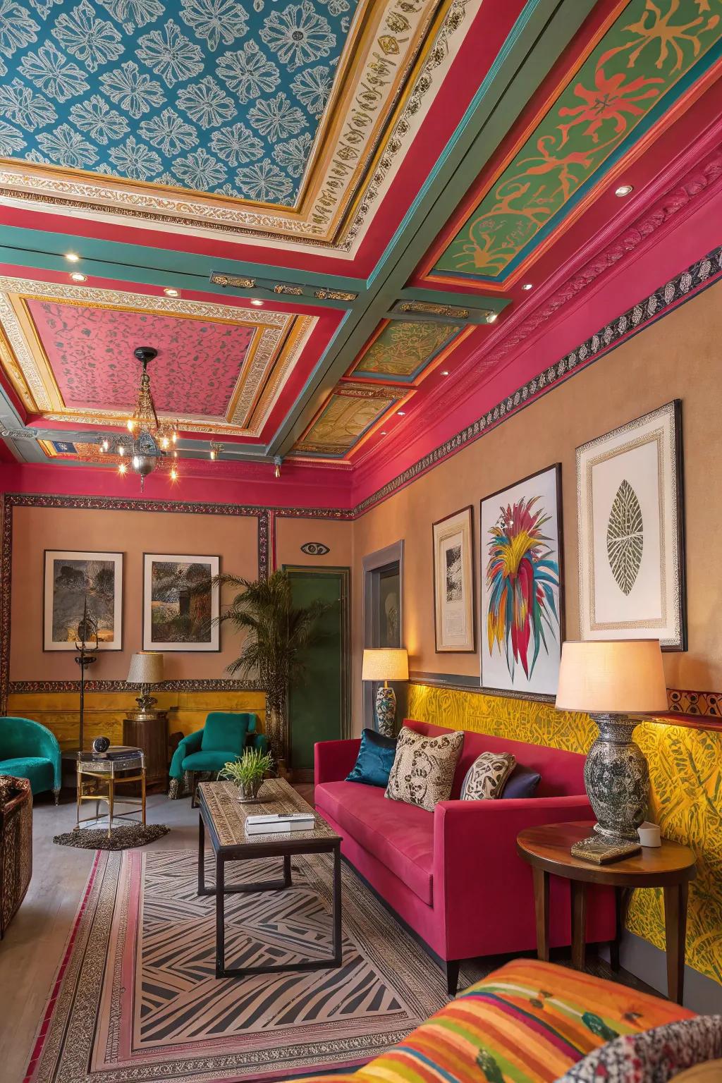 Painted ceiling treatments introduce a vibrant burst of color.