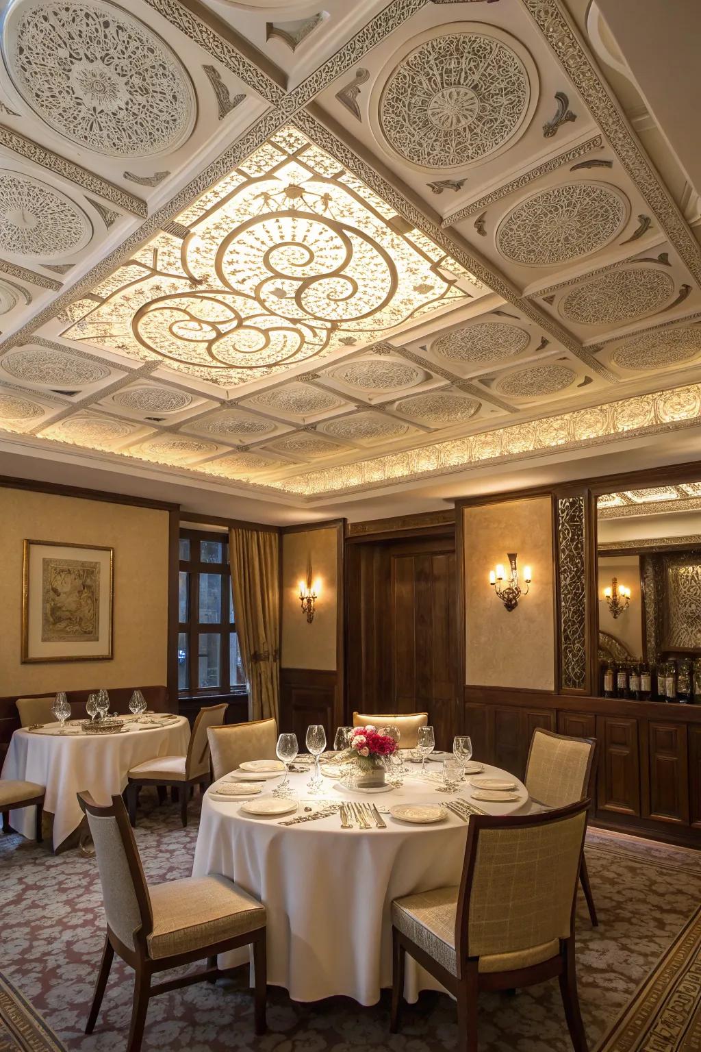 Detailed ceiling patterns bring sophistication to any dining area.