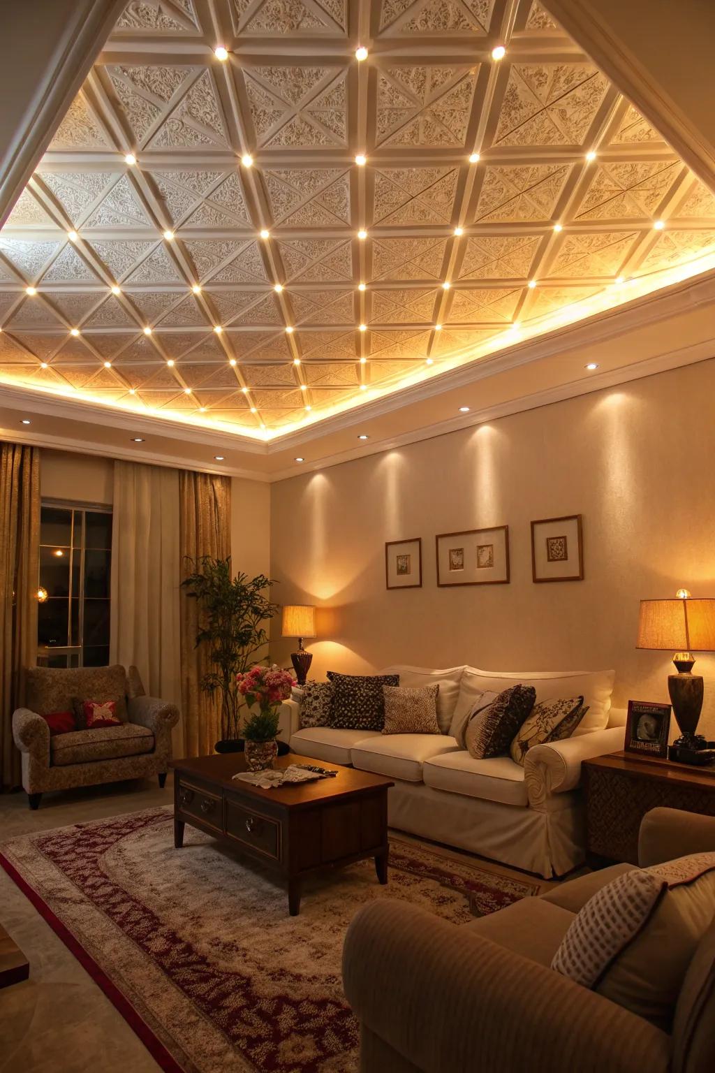 Illuminated ceiling treatments cultivate a cozy and dramatic ambiance.