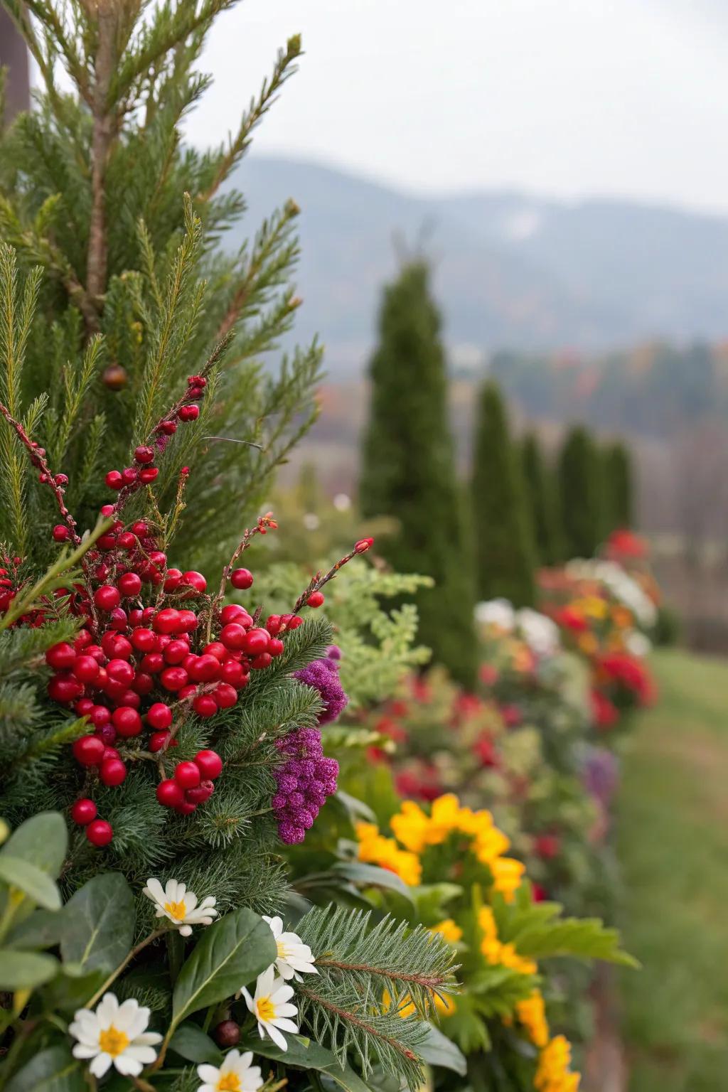 A garden displaying evergreens with berries and seasonal blossoms.