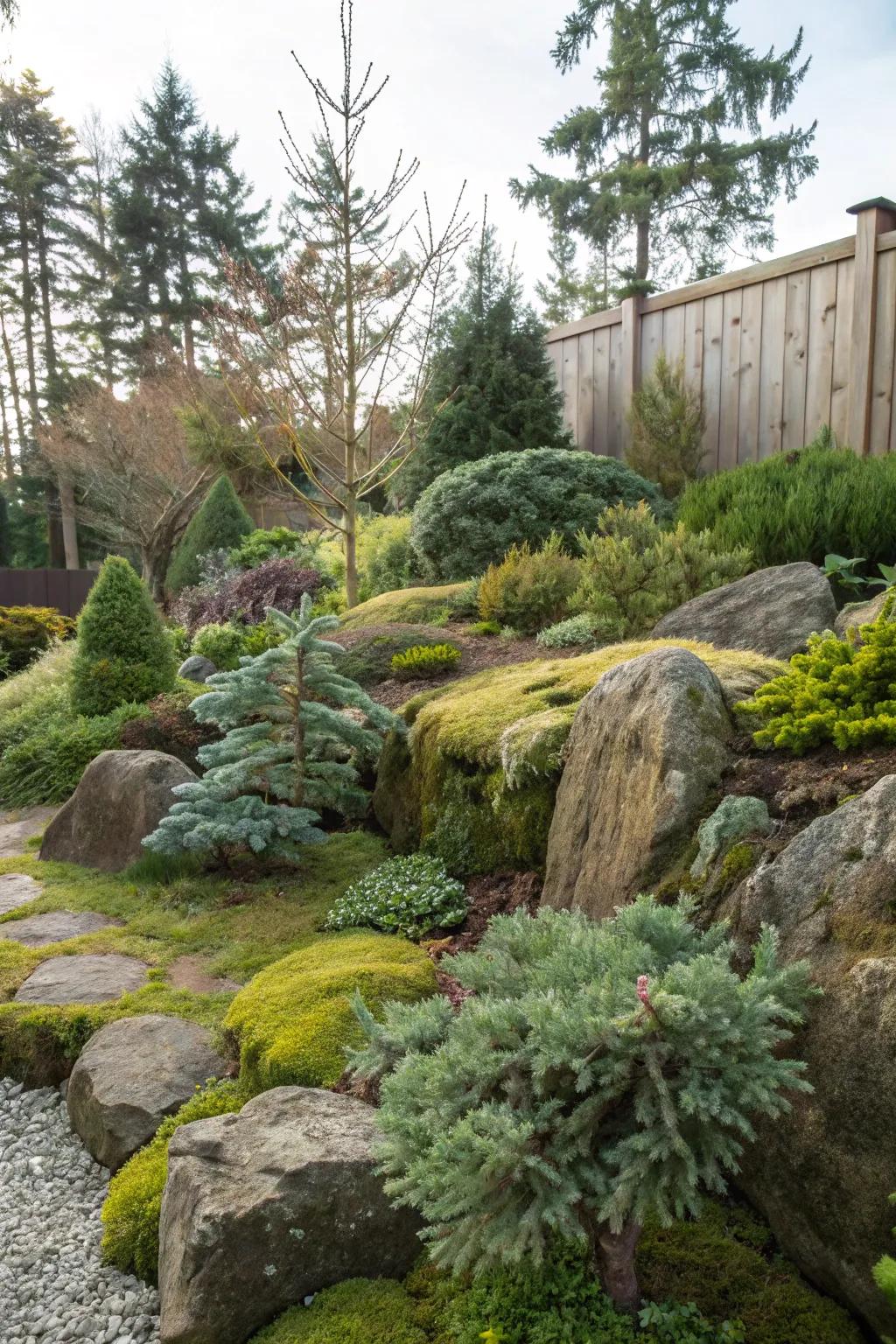 A natural garden featuring evergreens and rustic rock gardens.