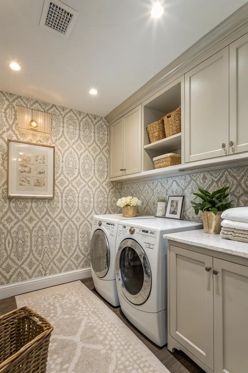 Textured wallpaper adds sophistication and depth.