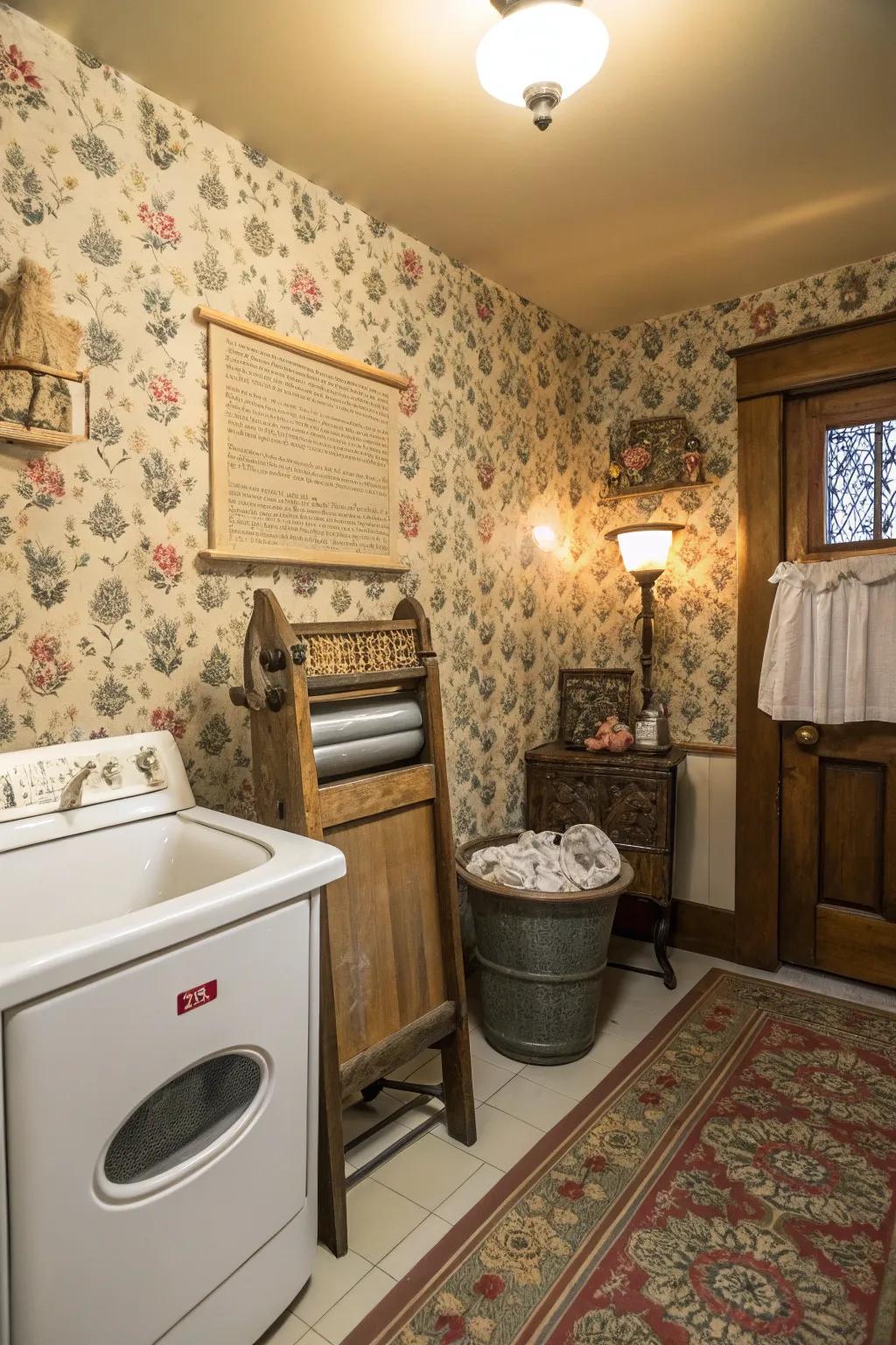 Vintage wallpaper infuses your laundry area with timeless charm.
