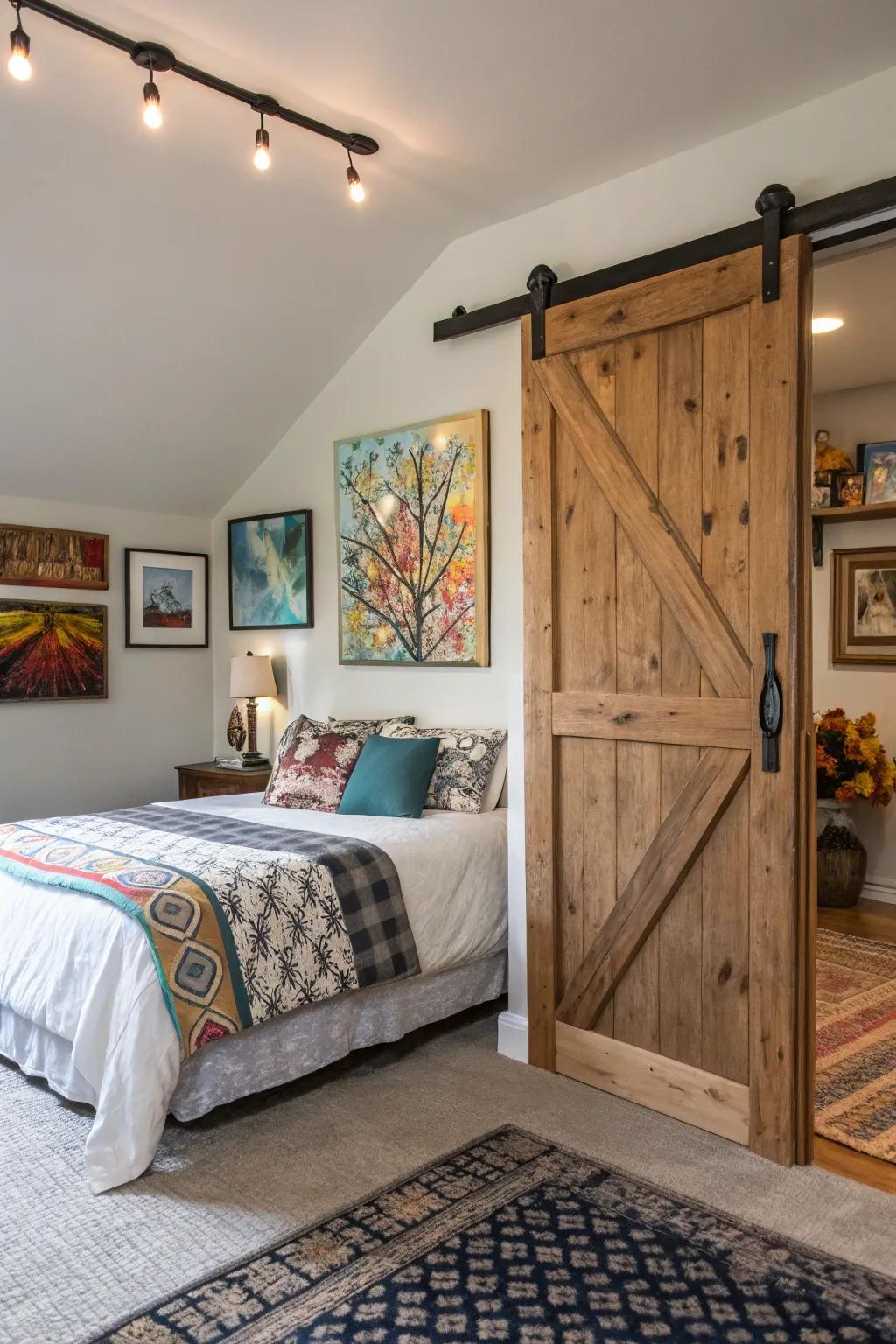 Artwork on the barn door adds a unique and personal touch to this bedroom.
