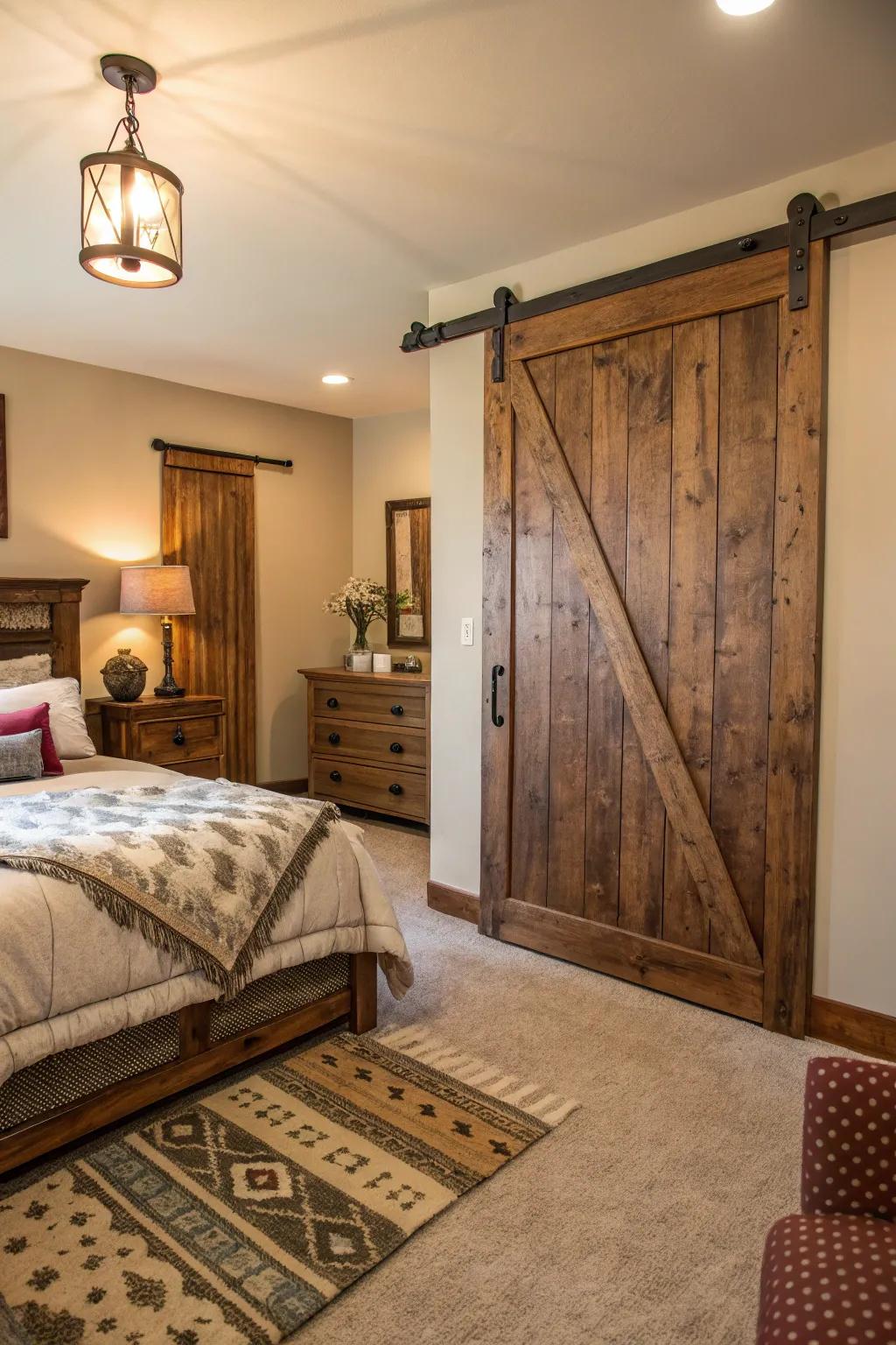 A welcoming bedroom showcasing a distressed wood barn door, adding character and warmth.