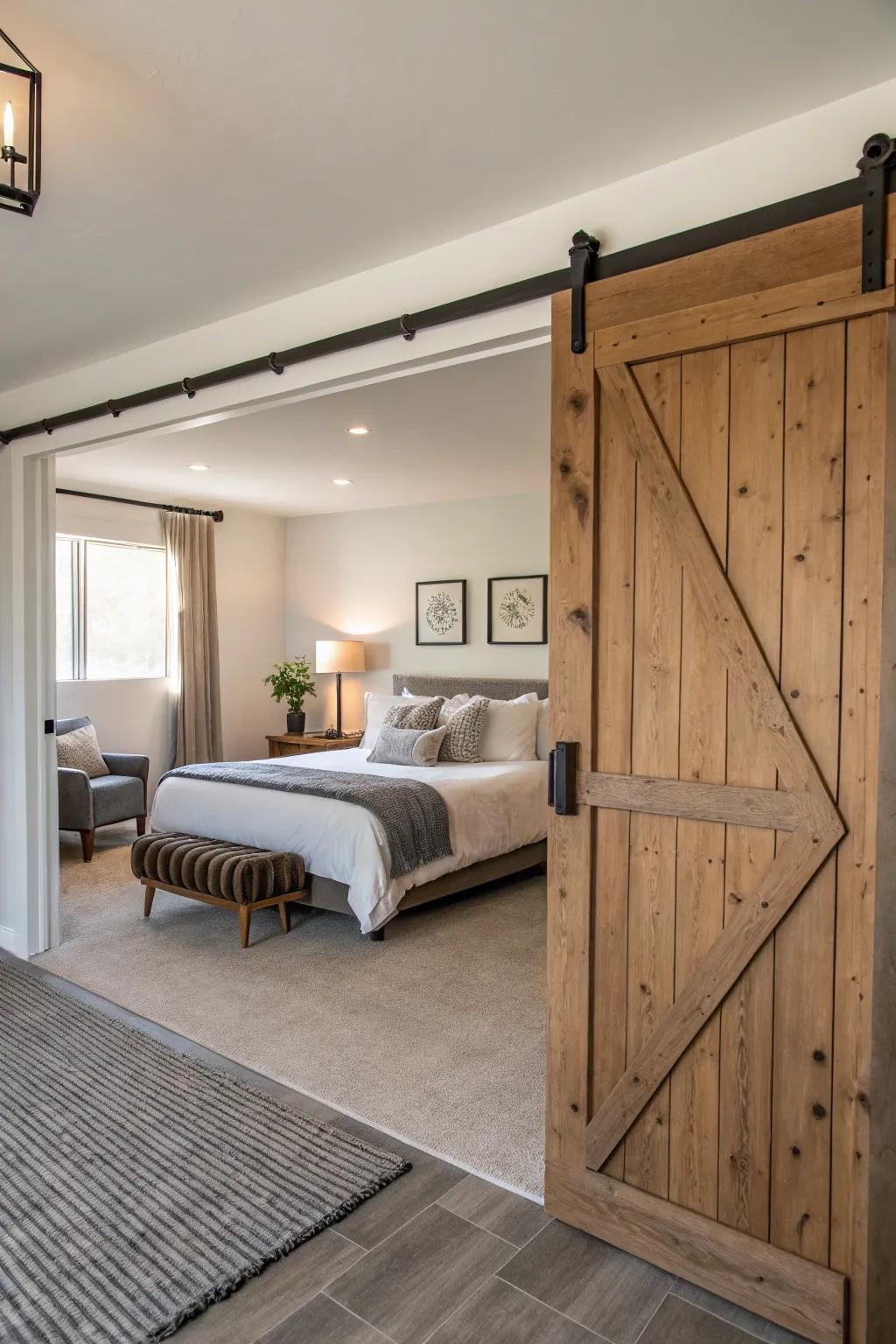 A barn door acts as an elegant room divider in this open-concept bedroom.