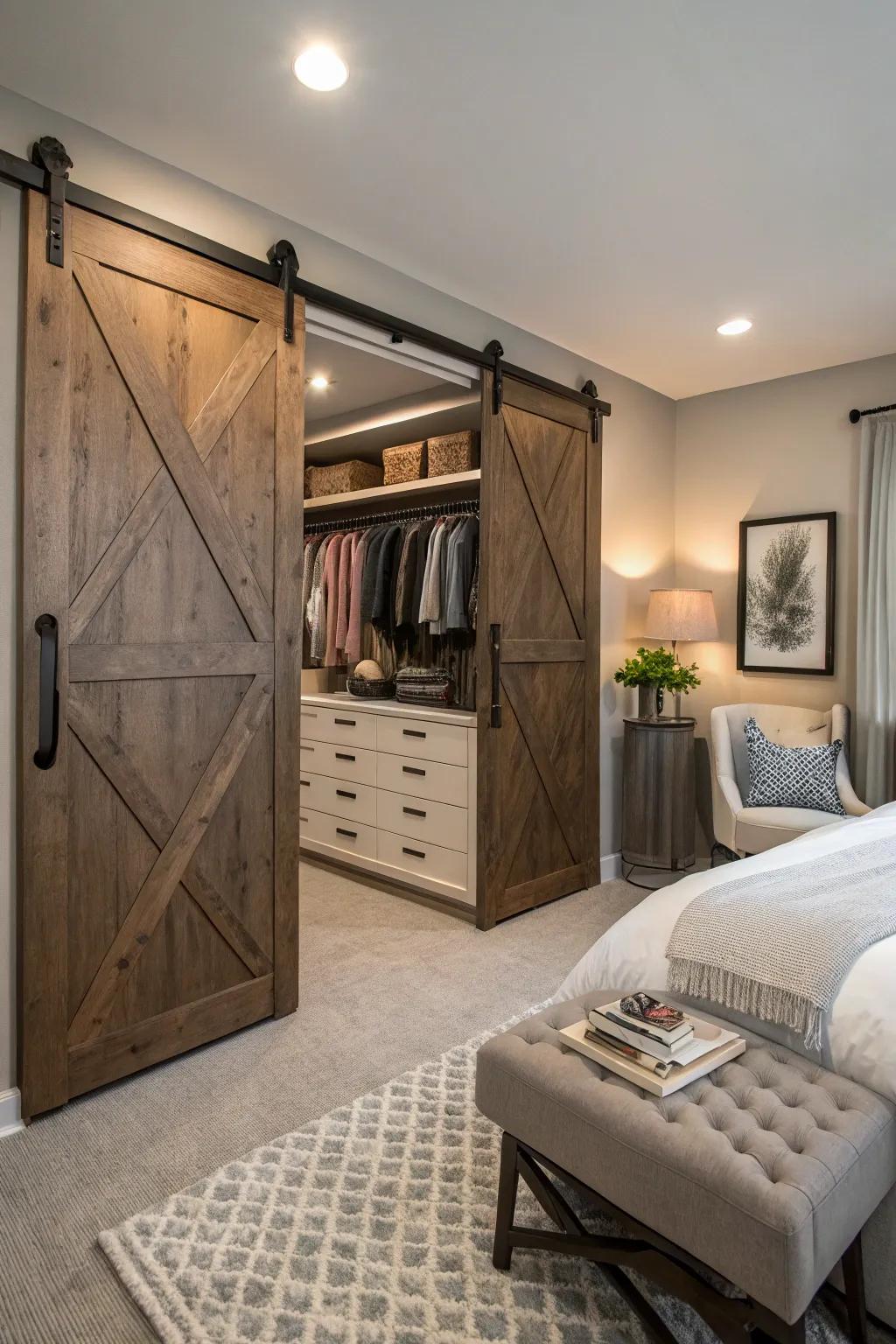 Sliding barn doors provide a space-saving solution for this chic bedroom closet.