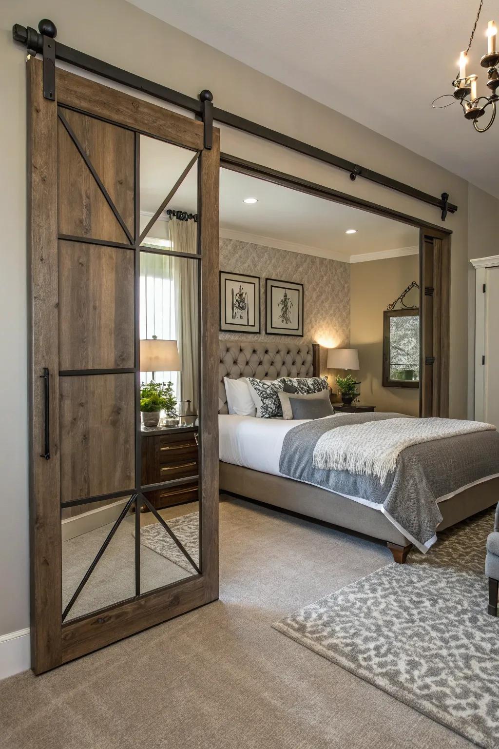 A sliding mirror barn door enhances functionality in this elegant bedroom.