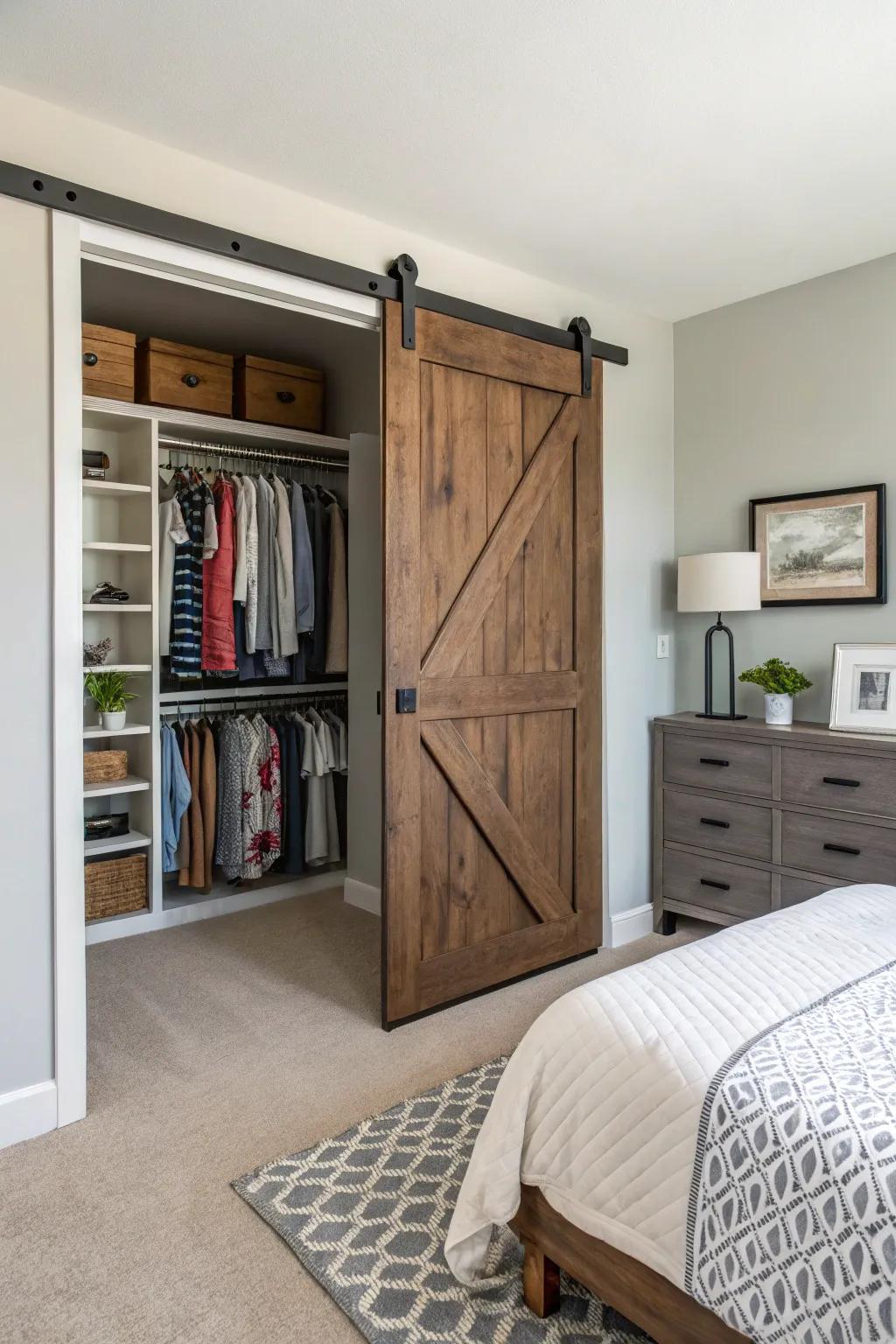 Hidden storage integrated into the barn door design keeps this bedroom tidy.