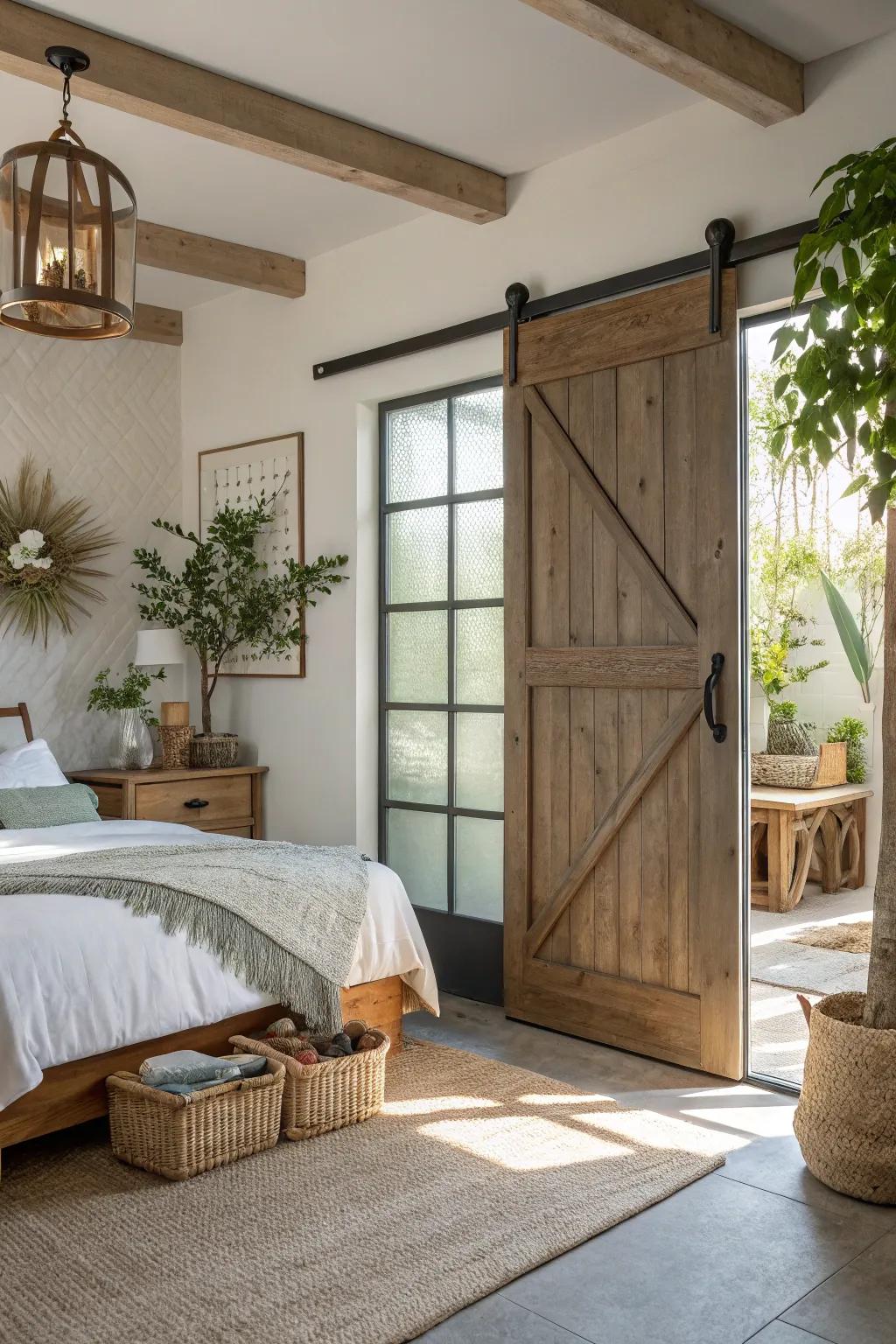 A bright bedroom featuring a barn door equipped with elegant glass panels.