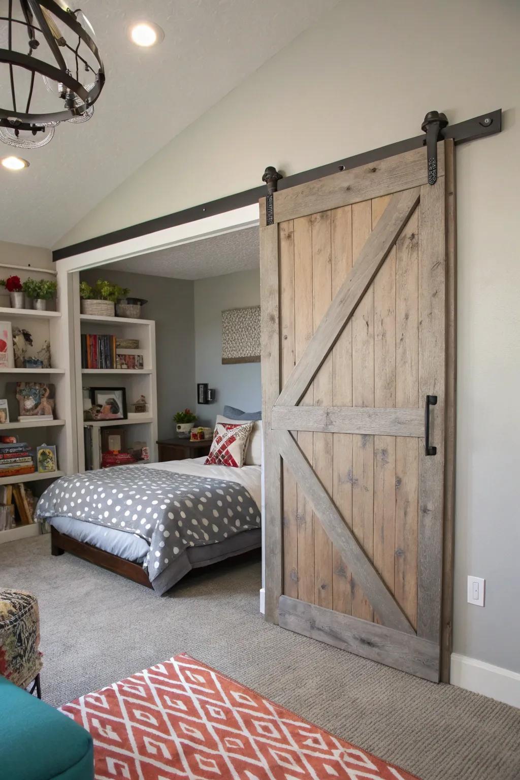Creative door tracks add a unique style to this innovative bedroom.