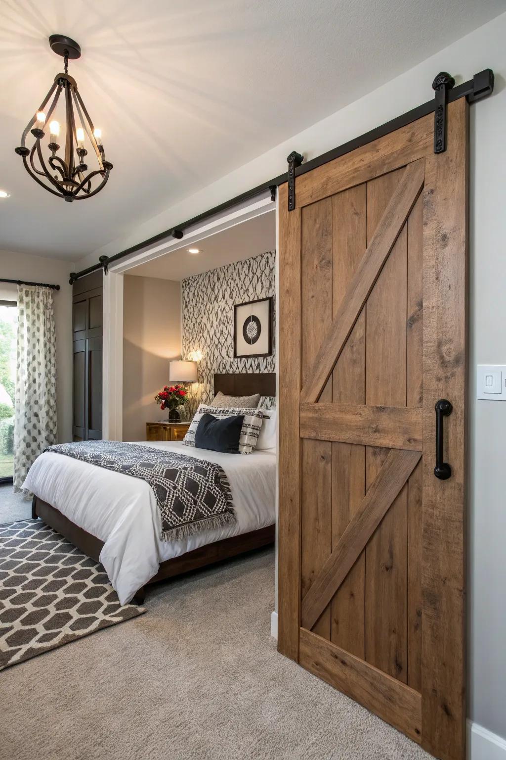 Striking hardware adds visual appeal to this stylish barn door.