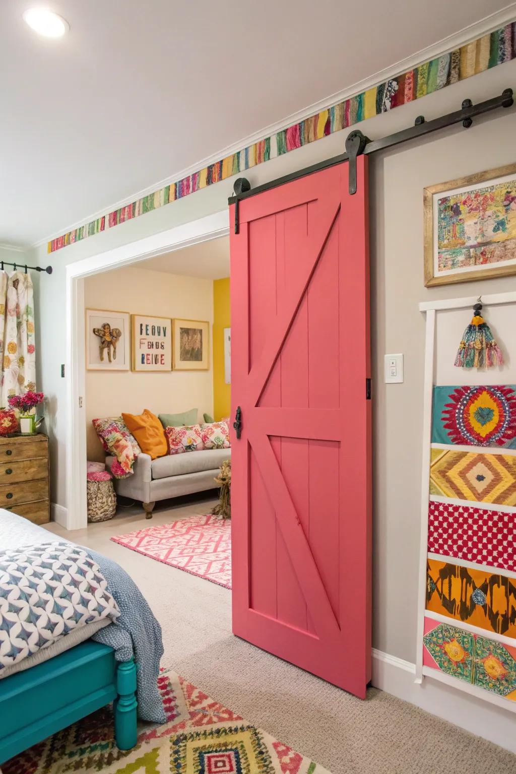 A lively barn door introduces a vibrant burst of color to this eclectic bedroom.