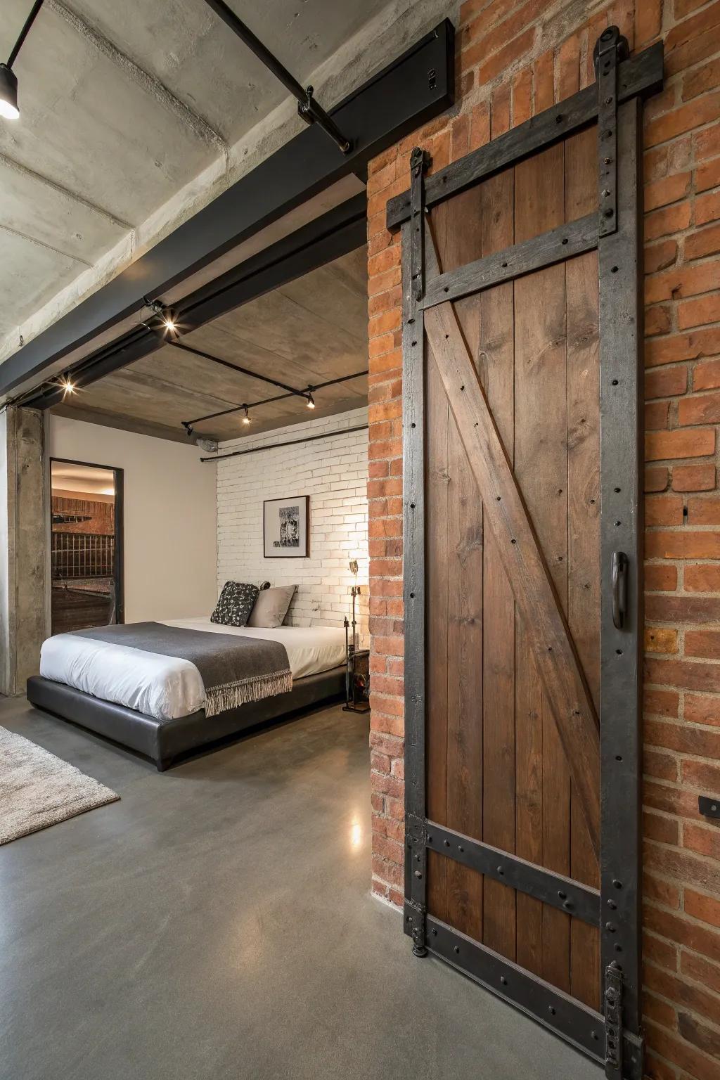 An industrial-style bedroom featuring a barn door enhanced with metal accents.