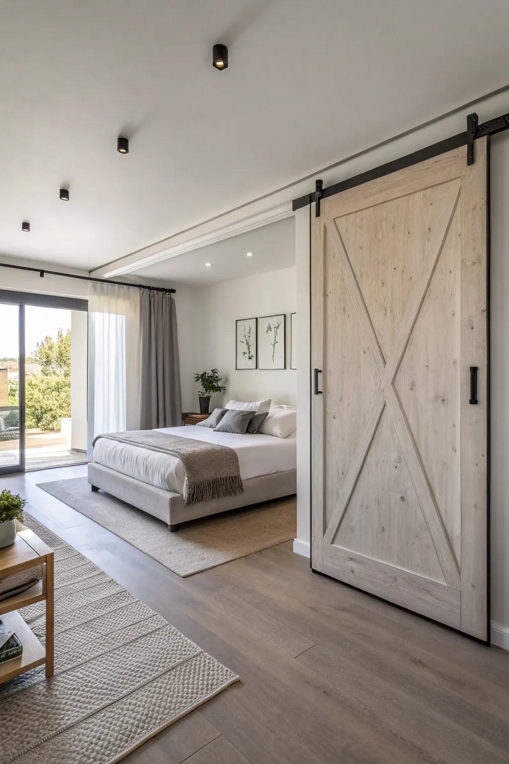 A minimalist bedroom featuring a sleek barn door, exemplifying modern elegance.