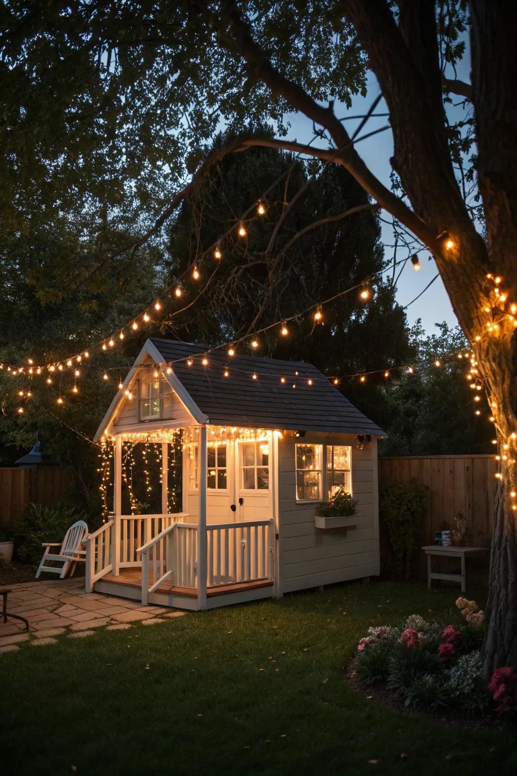 Twinkle lights create a magical evening ambiance.
