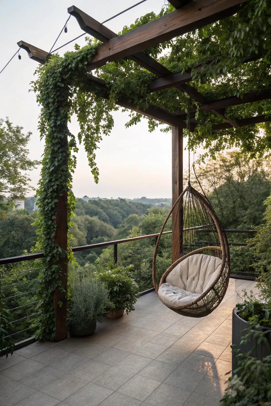 Swing chairs add a playful and relaxing element to patios.