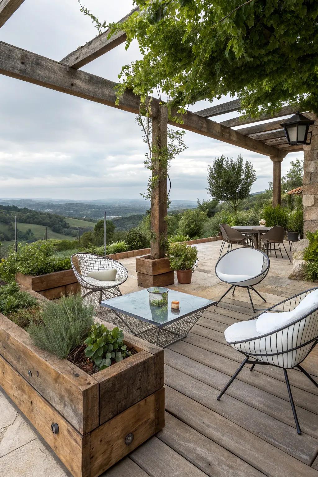 Combining contemporary and rustic styles creates a unique patio aesthetic.