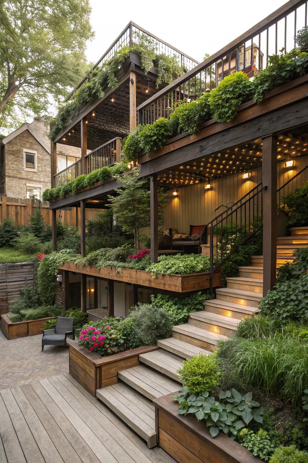 Tiered patios delineate unique areas ideal for unwinding and dining.