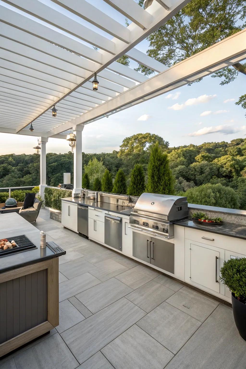 Outdoor kitchens enhance the patio experience by combining cooking and socializing.