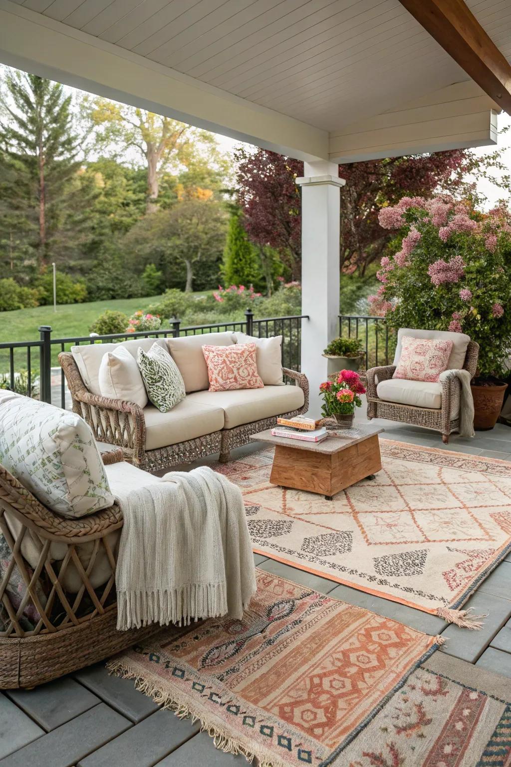 Textured layers create a cozy and cohesive outdoor space.
