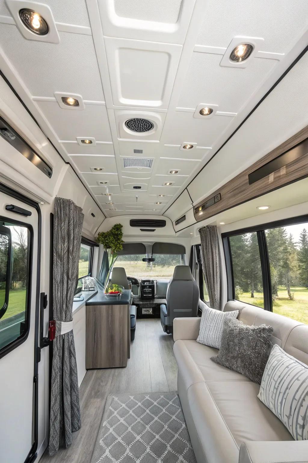 A white ceiling amplifies the modern and spacious atmosphere of your RV.