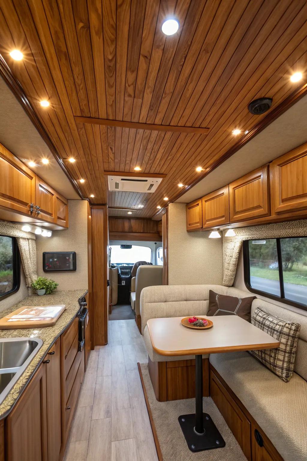 Wood paneling brings a touch of rustic charm to your RV, creating a cozy cabin feel.